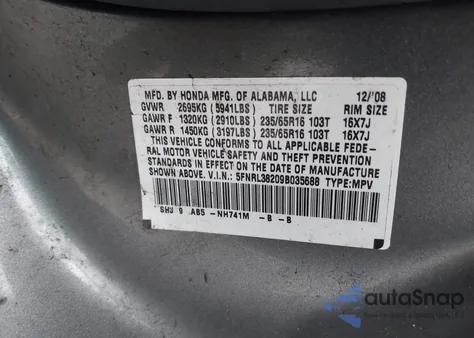 2009 Honda Odyssey Lx из США, поврежденный, VIN 5FNRL38209B035688